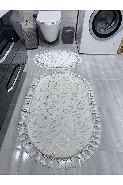 Bordo Halı Simli Bambu Kaymaz Deri Taban 2'li Set Klozet Beyaz Gold Ponpon Sa...