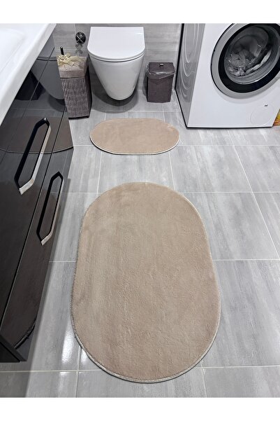 Bordo Halı Peluş Puffy Bambu Kaymaz Deri Taban 2'li Set Klozet Krem Banyo Pas...