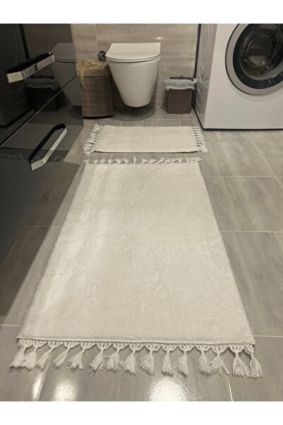 Bordo Halı Peluş Puffy Kaymaz Taban Yumuşak Banyo Paspas Takımı Beyaz Dikdörtgen