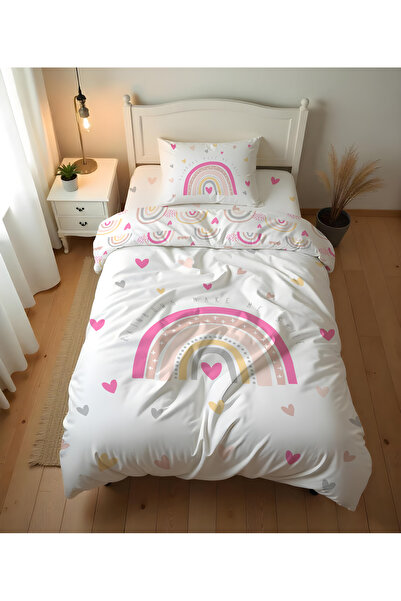 Evmila Çift Taraflı Pembe Gökkuşağı Desenli Çarşafsız -baskılı Tek Kişilik Nevresim Takımı
