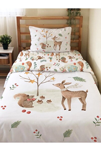 Evmila Çift Taraflı Geyik Sincap Desenli Çarşafsız Takım Baskılı Tek Kişilik Nevresim Takımı Beyaz