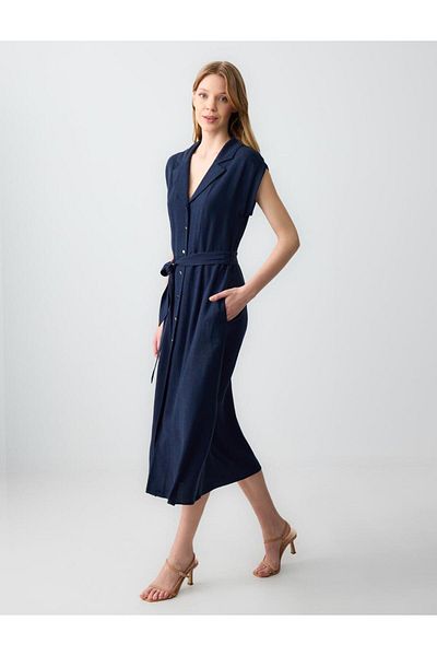 Jimmy Key Navy Blue Straight Cut Short Sleeve Shirt Collar Linen Midi Dress