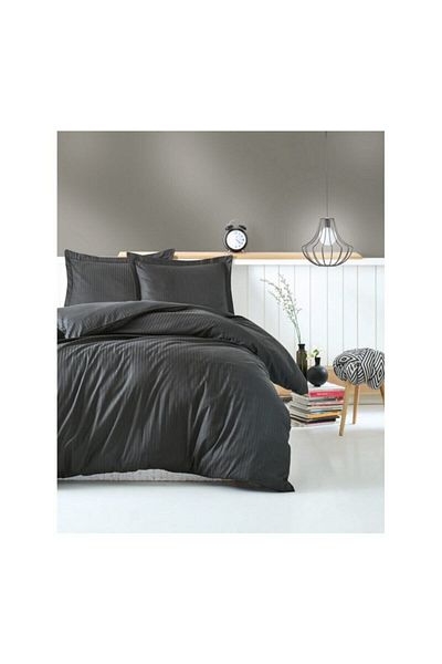 Cotton Box Anthracite Elegant Stipe Satin Double Duvet Cover Set