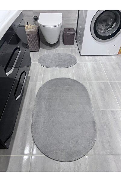 Bordo Halı Peluş Puffy Bambu Kaymaz Deri Taban 2'li Set Klozet Gri Banyo Pasp...