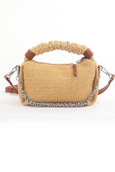 na nura collection Tan Straw Women's Chain Drawstring Handle Hand and Shoulder Bag