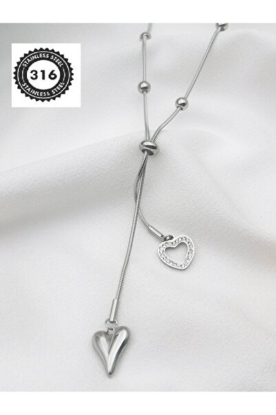 Siya Silver Kararmaz Çelik Zirkon Taşlı Çift Kalpli Asansörlü Kolye-dekolte K...