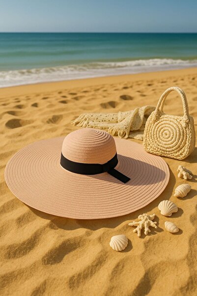 Axesoire 14573 Ροζ Φαρδύ Ψάθινο Καπέλο με Ζώνη