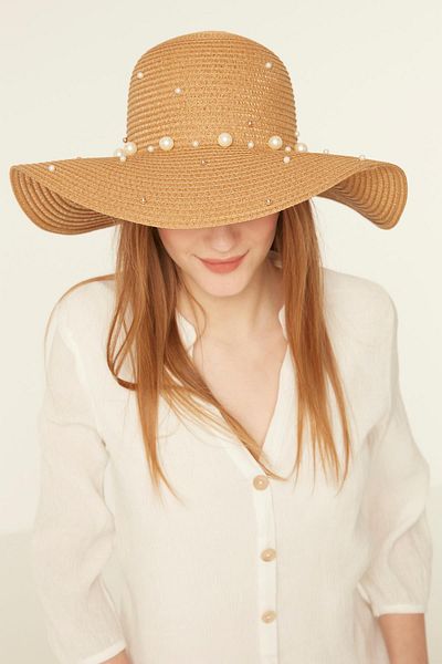 Axesoire 14232-10 Camel Wide Straw Καπέλο με Πέρλες