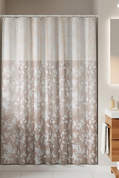 Jackline Polyester Kumaş Kahverengi Çiçekli Büyük Ölçü Banyo Perdesi 180x200 ...