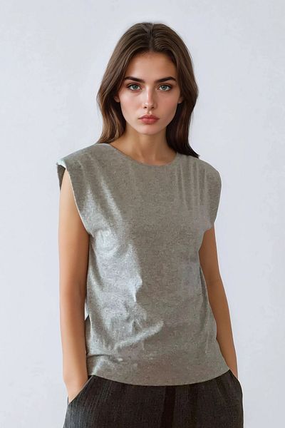 poupee Women's T-Shirt, Padded Gray Women's T-Shirt, Gray T-Shirt, Women's Gray Blouse, Gray Sleeveless T-Shirt