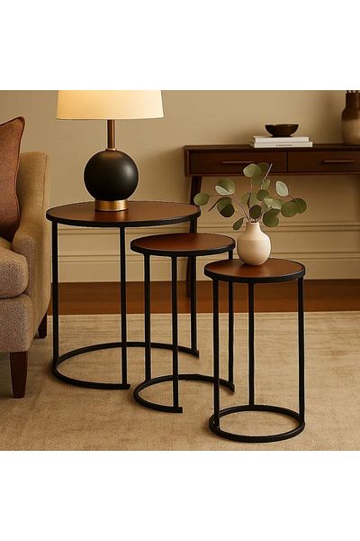 Vi Markets Set of 3 serving tables - metal bases - round wood tops