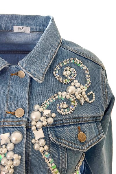 GZ Design Pearl and Crystal Stone Embroidered Light Color Jean Jacket