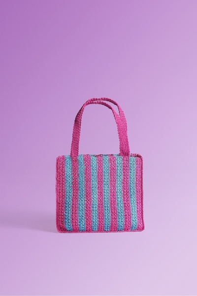 Green Petition Marla Azure, Paper Rope (Rafia), Hand Knitted, Cabana Patterned, Beach Bag.
