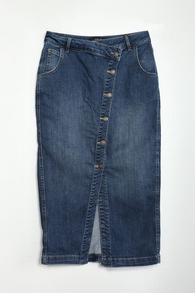 BANNY JEANS Μπροστινή πλαϊνή φούστα με κουμπιά Midi Length Lycra Navy Blue Jean