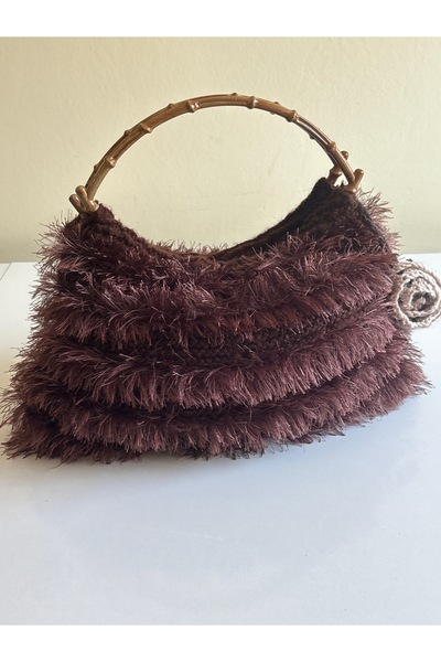 simarikcraft El Örgüsü Kürklü El Çantası – Premium Ip Ve Bambu Sap