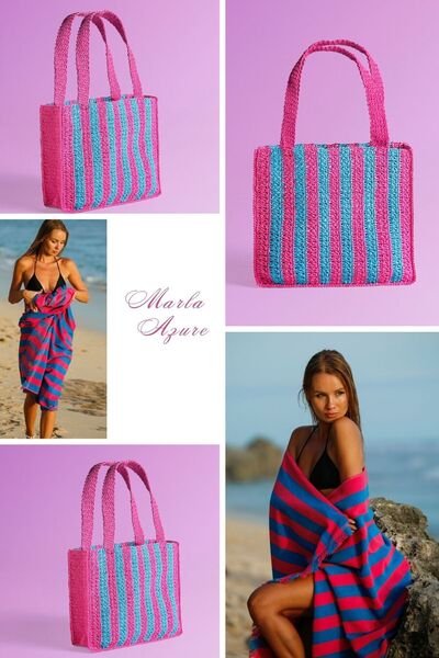 Green Petition Marla Azure, Paper Rope (Rafia), Hand Knitted, Cabana Patterned, Beach Bag.
