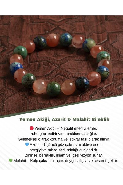 Saff Doğal Taş Sertifikalı Doğal Yemen Akiği, Azurit & Malahit Bileklik