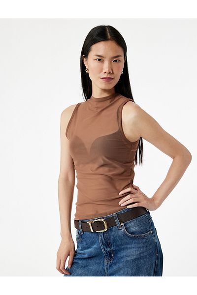 Koton Lightweight Stand Collar Sleeveless See-Through Tulle Blouse