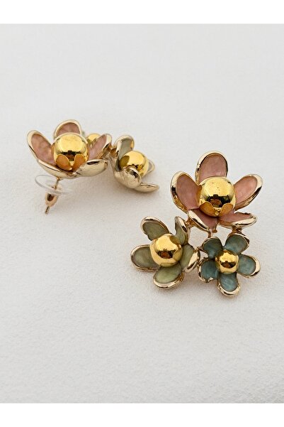 Siya Silver Vintage Mineli Üç Renkli Çiçek Küpe