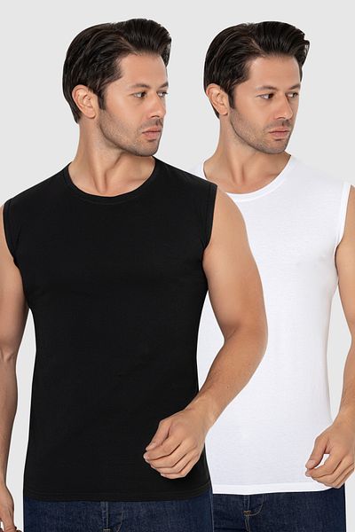 Arma Yıldız Men's Sleeveless T-Shirt Zero Sleeve Undershirt White Black Cotton Lycra 2-Pack