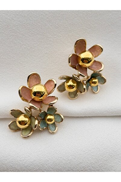 Siya Silver Vintage Mineli Üç Renkli Çiçek Küpe