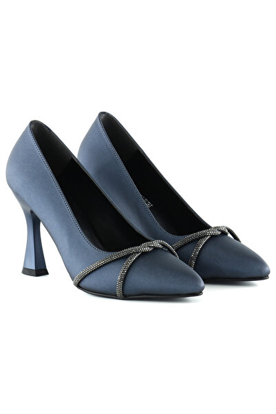 Erkan Saçmacı Abby Navy Blue Satin Burmese Stone Pointed Toe Goblet Heeled Evening Dress Shoes