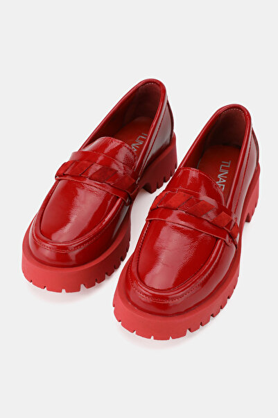 TUNAELLİ KADIN KIRMIZI RUGAN HAKİKİ DOĞAL DERİ 36-41 NUMARA LOAFER AYAKKABI