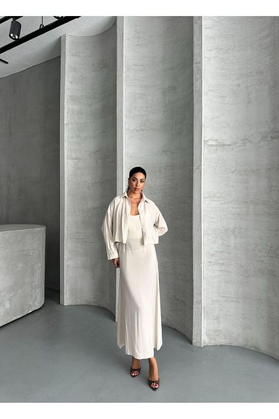 vesantia Women's Stone Color Premium Modal Fabric Shirt Long Dress Set