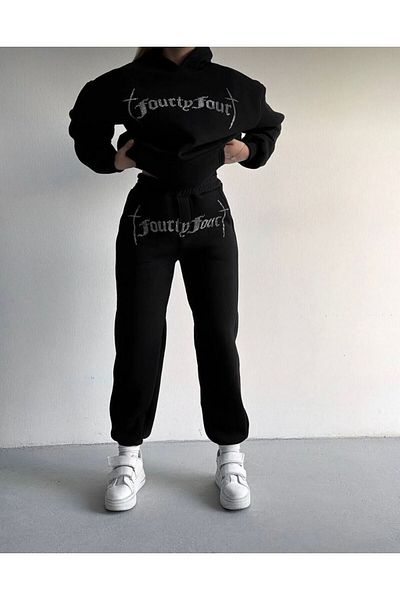 Gameyal Unisex Oversize Stone Embroidered Hooded Sweatshirt Set