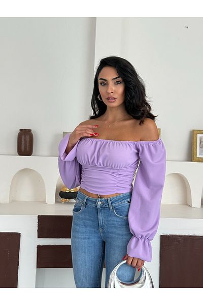 REELMODA Women's Madonna Collar Balloon Sleeves Waist Elastic Stylish Crop Bluz