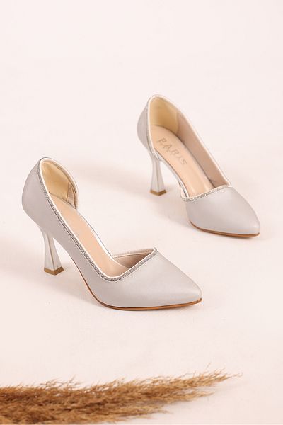 SHOESSHOPS Silver Satin Stone Women's Heeled Shoes Stiletto