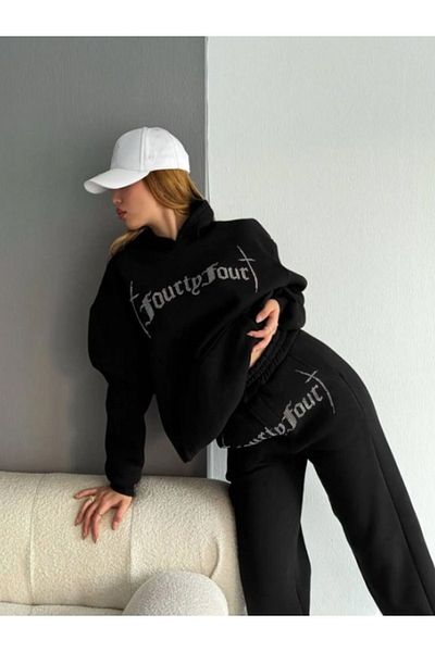 Gameyal Unisex Oversize Stone Embroidered Hooded Sweatshirt Set