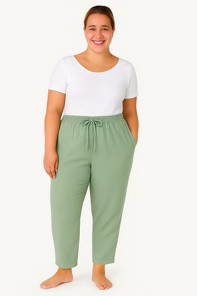 enmodaiçgiyim Mint Green Plus Size 100% Cotton Muslin Fabric Women's Trousers – Narrow Leg, Pockets, Comfortable Fit