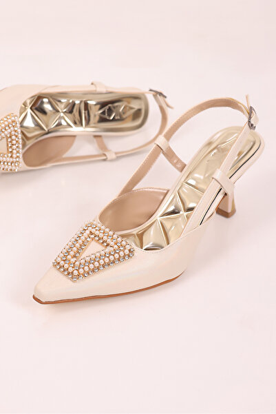 SHOESSHOPS Kadın Stiletto Sivri Burun Taşlı Arkası Açık Kadın Abiye Topuklu A...