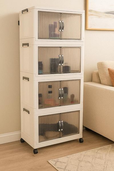 HİMO 5-tier white wardrobe with wheels, modern and contemporary, foldable, detachable and stackable