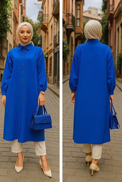 Sas Diz Altı Boy Önden Düğmeli Pamuklu Tunik