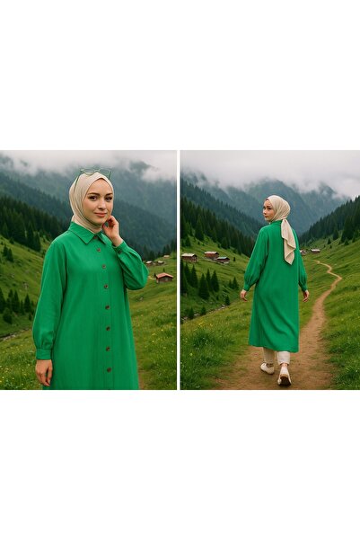 Sas Diz Altı Boy Önden Düğmeli Pamuklu Tunik