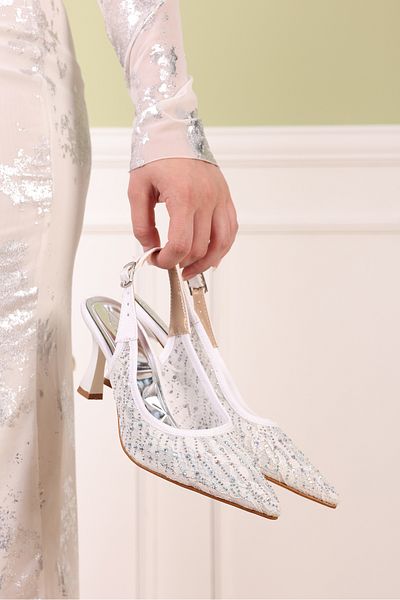 SHOESSHOPS Women's Stiletto Stone Detailed Fabric Evening Dress Heeled Shoes