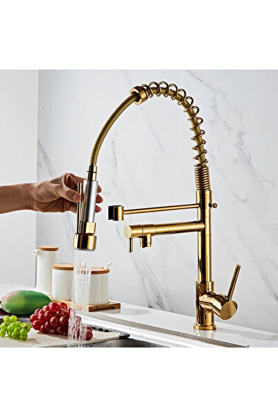 İyem GOLD Spiralli Çift Başlı Endüstriyel Lux Mutfak Musluk Evye Bataryası ( Tr. Yüksek Kalite )