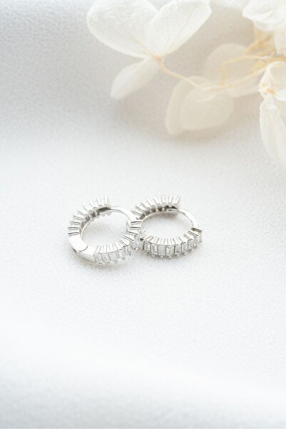 Silvano Jewelry 925 Ayar Gümüş Küçük Boy Baget Taşlı Halka Küpe