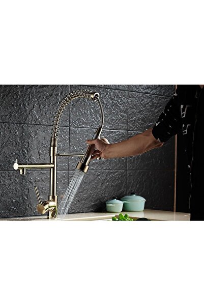 İyem GOLD Spiralli Çift Başlı Endüstriyel Lux Mutfak Musluk Evye Bataryası ( Tr. Yüksek Kalite )