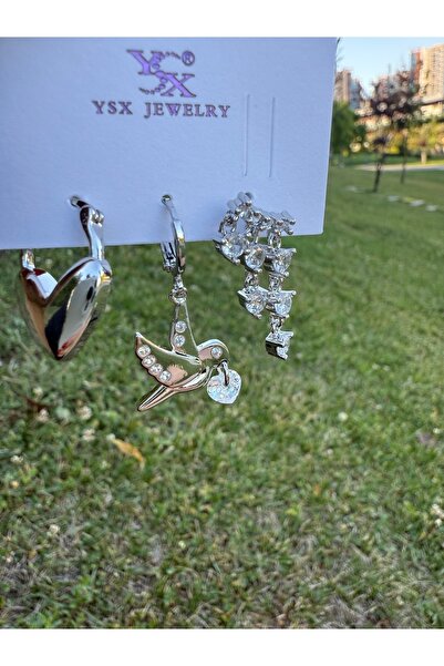 ARMELİA ACCESORİES Armelia Gümüş Renk 3’lü Küpe Seti – Kalp, Kuş ve Taş Detaylı Modern Tasarım