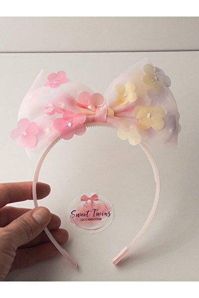 Sweet twins accessories Pembe Sarı Çiçekli Kız Çocuk Taç - Tüllü Fiyonklu Hed...