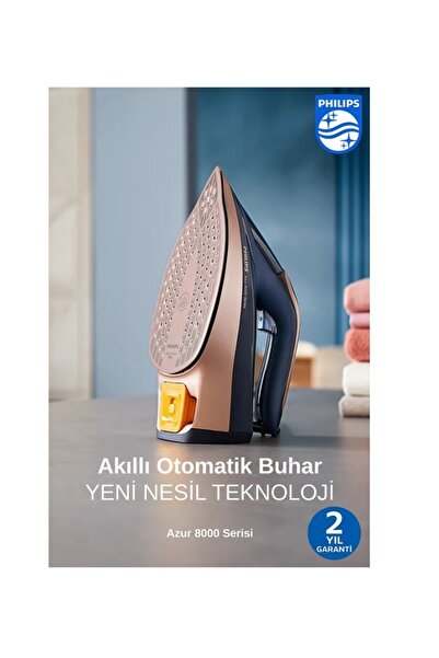 Philips Yeni Seri Azur Buharlı Ütü, OptimalTEMP Teknoloji, SteamGlide Elite Taban - Akıllı Hızlı Güçlü Buhar
