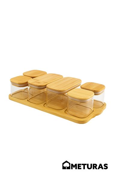 Meturas 6 Piece Glass Storage Container Set with Bamboo Lid Tray Breakfast Set 4X240 - 2X480 ml Rectangular