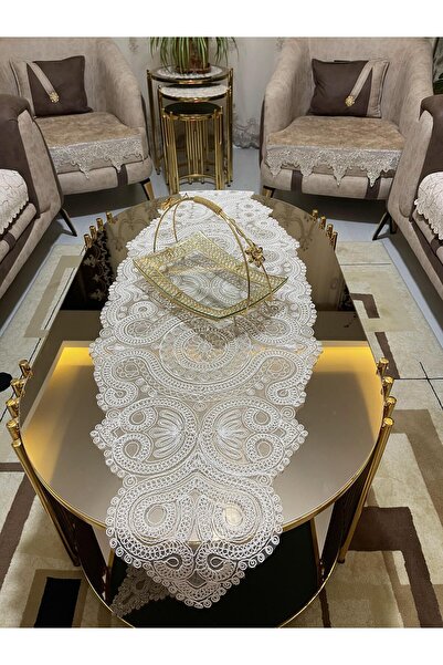 Tekstilsa Lüks Runner Salon Oda Sehpa Masa Örtüsü Fransız Güpürlü Çeyizlik(BE...