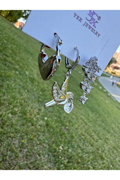 ARMELİA ACCESORİES Armelia Gümüş Renk 3’lü Küpe Seti – Kalp, Kuş ve Taş Detaylı Modern Tasarım