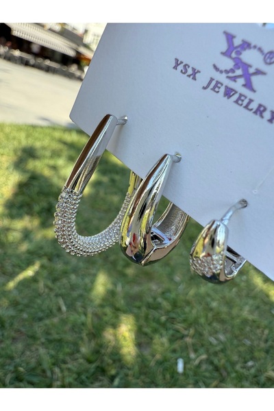 ARMELİA ACCESORİES Armelia Accessories 3’lü Gümüş Renk Modern Küpe Seti