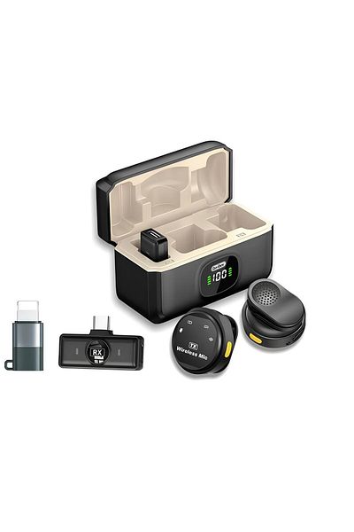 Go-Des Dual wireless microphone with magnetic button, charging case, long-range clear sound, compatible with iPhone and Type-C devices