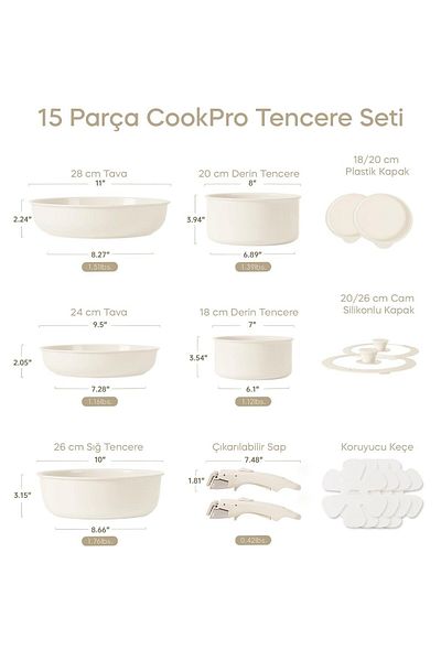Perotti Cookpro Beige 15 Piece Interlocking Induction Ceramic Coating Cookware Set with Detachable Handles